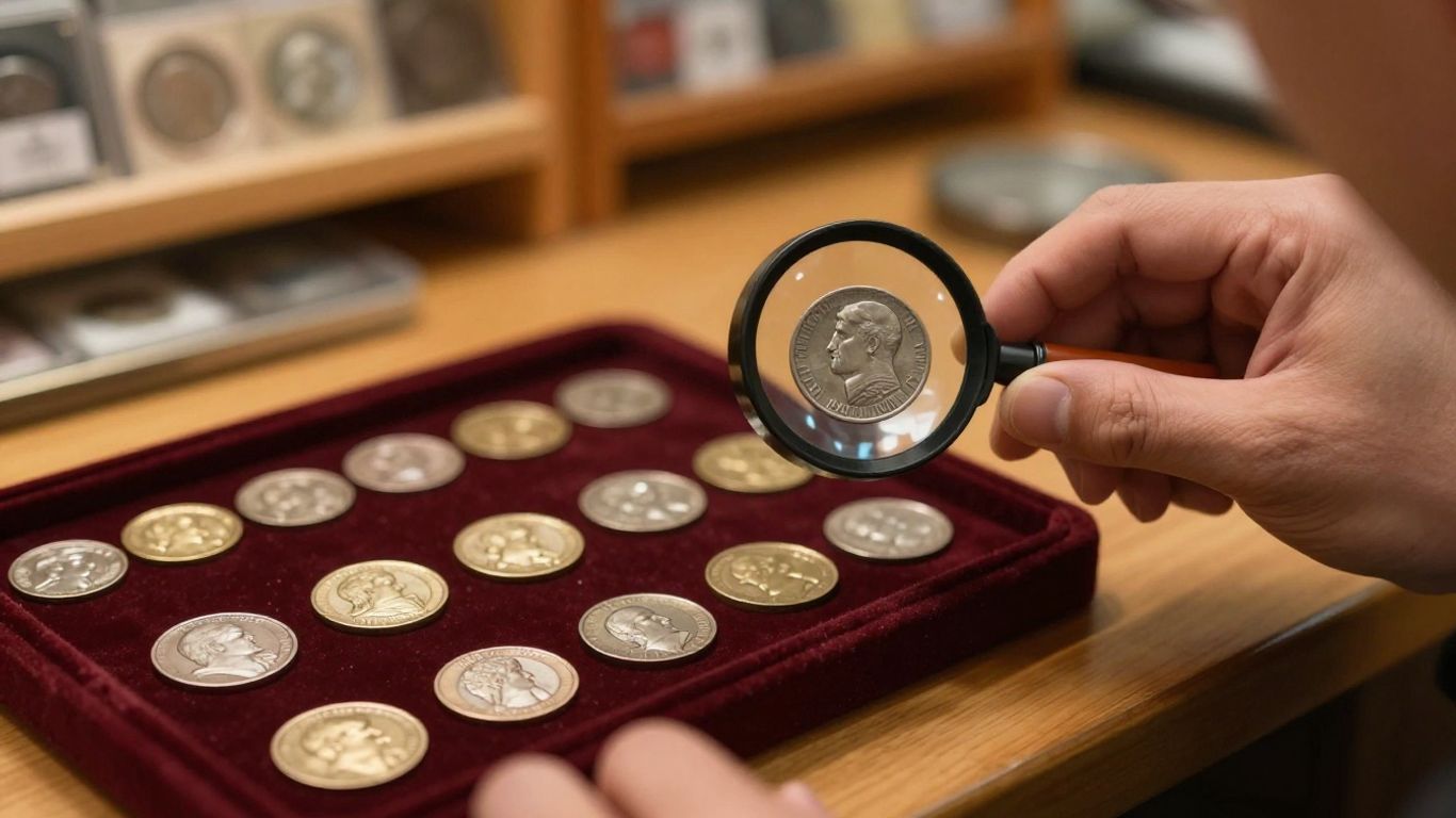 Coin specialist examining rare coins with magnifying glass