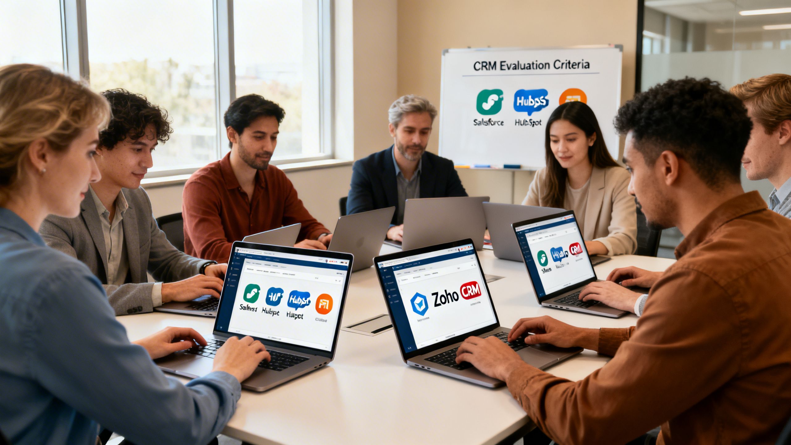 A business team collaborating around a table, comparing different CRM software options on their laptops