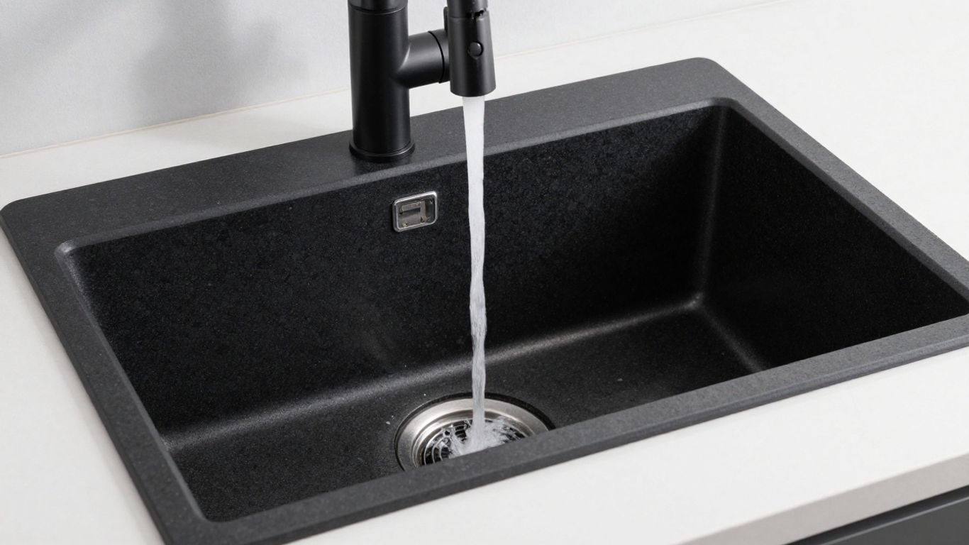 Elegant black granite kitchen sink with modern faucet.