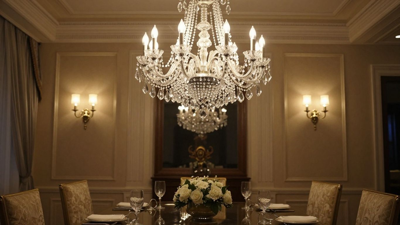 Elegant dining room with a crystal chandelier and layered lighting.