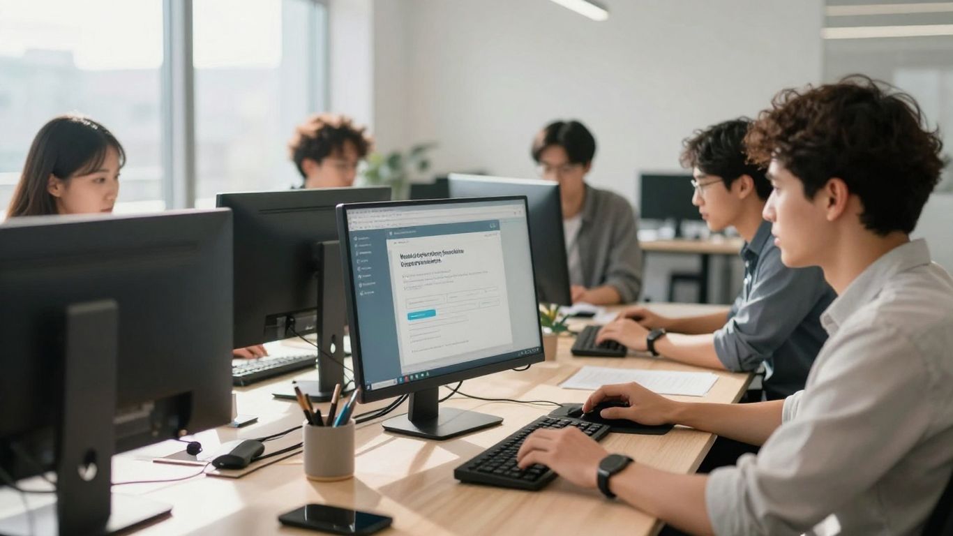 Team working in a modern office with computers.