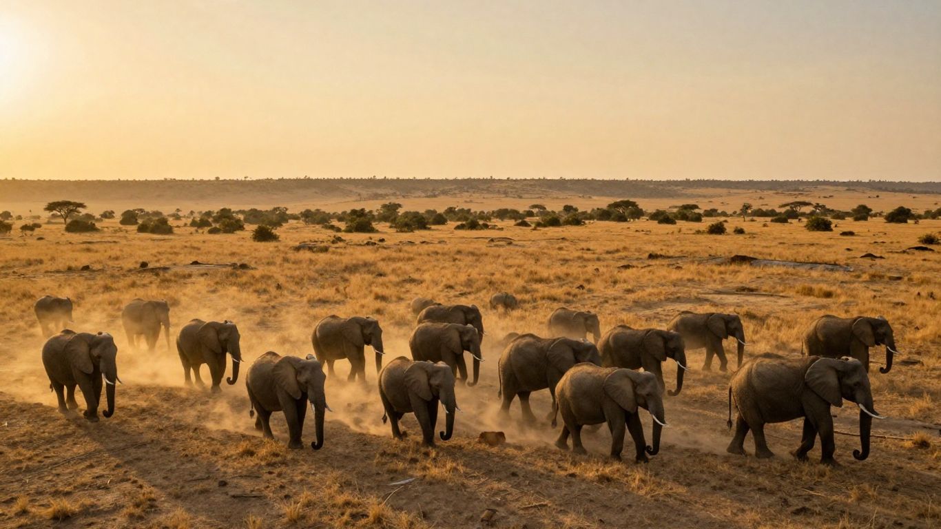 Drone view of elephants crossing savanna at sunset.