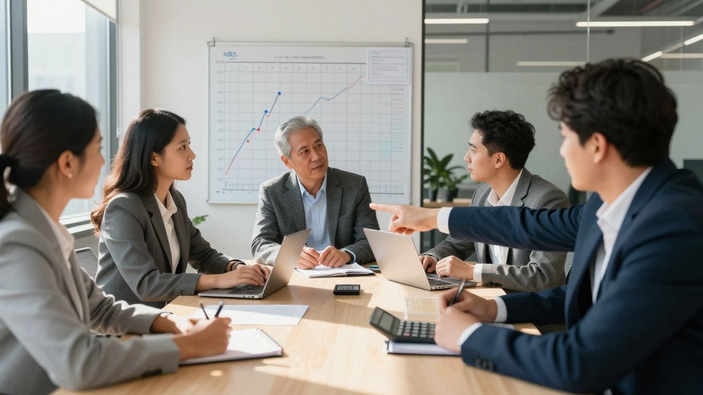 Business professionals discussing growth strategies and agency pricing.