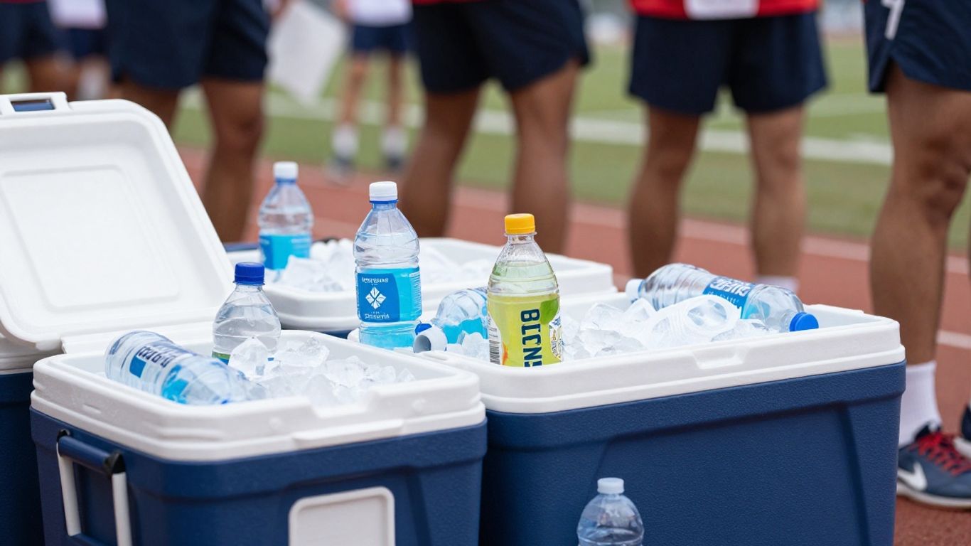 Sports coolers filled with drinks for team hydration.