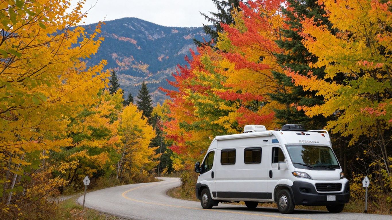 Motorhome parked near colorful trees in Canada.