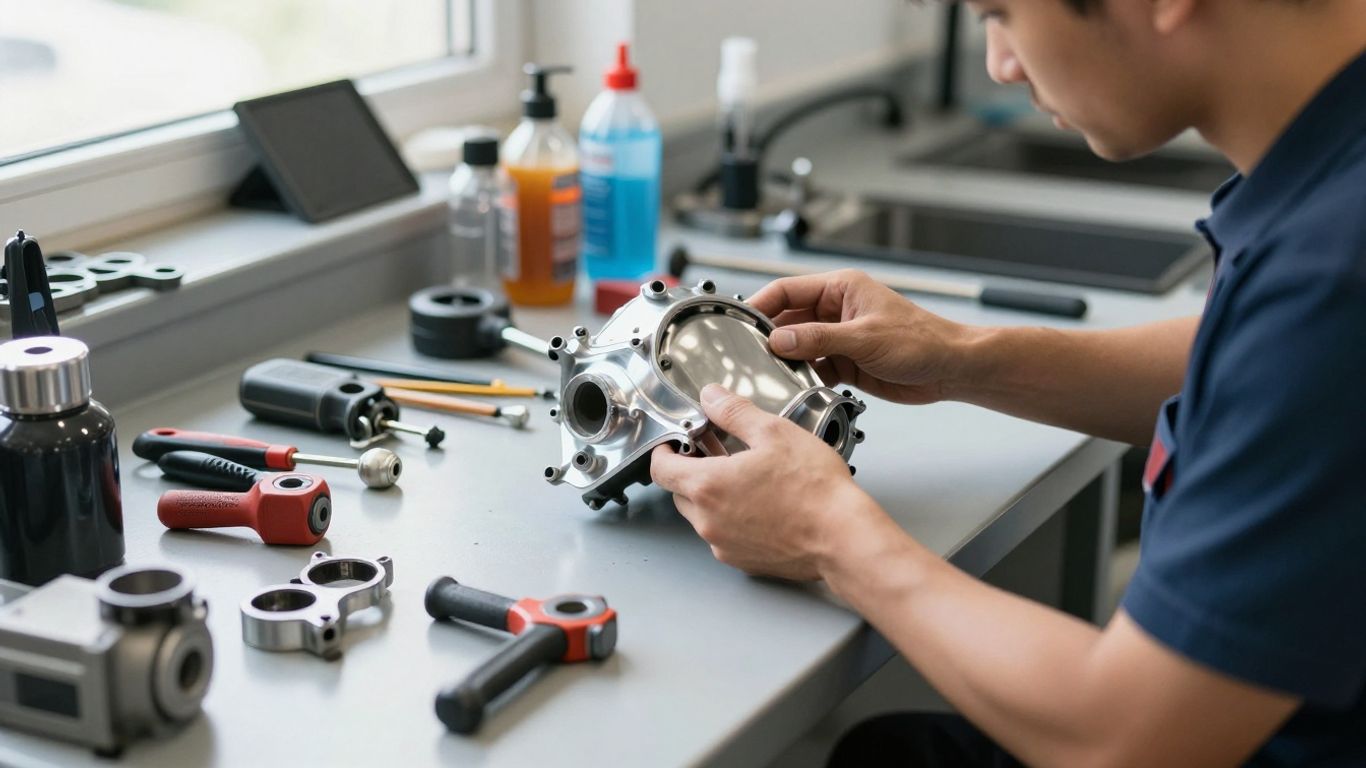 Inspecting used car engine parts in a clean workshop