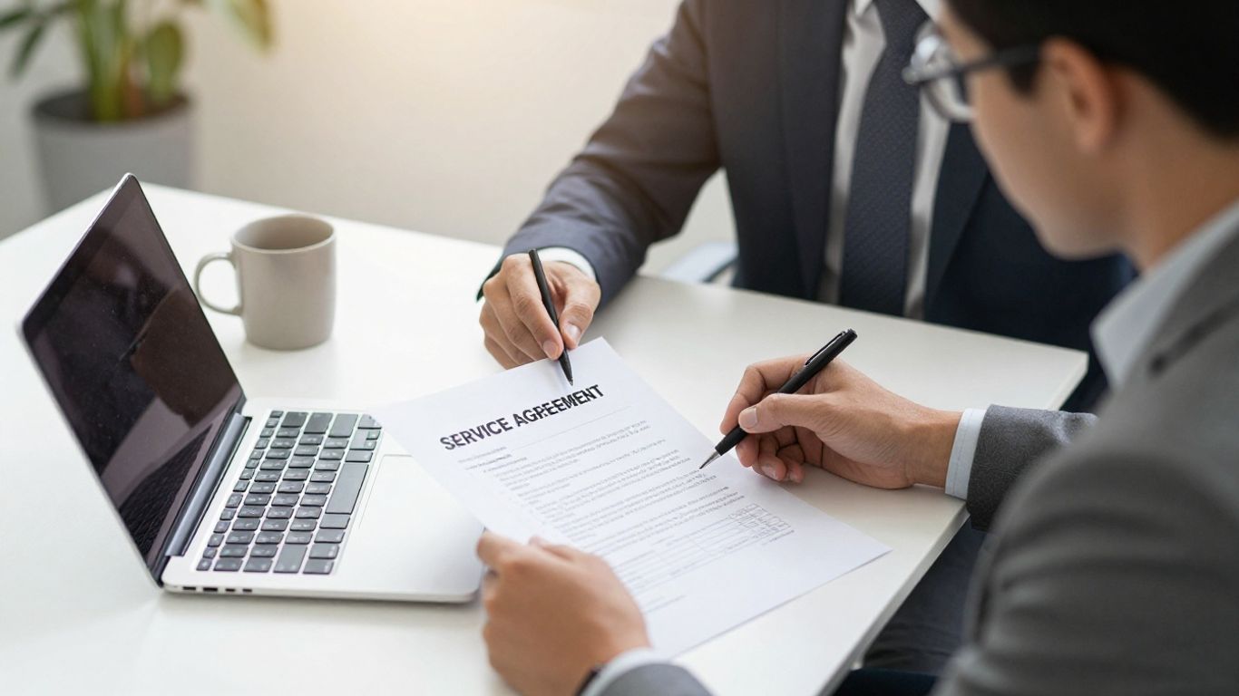 Business manager reviewing an IT service agreement at desk