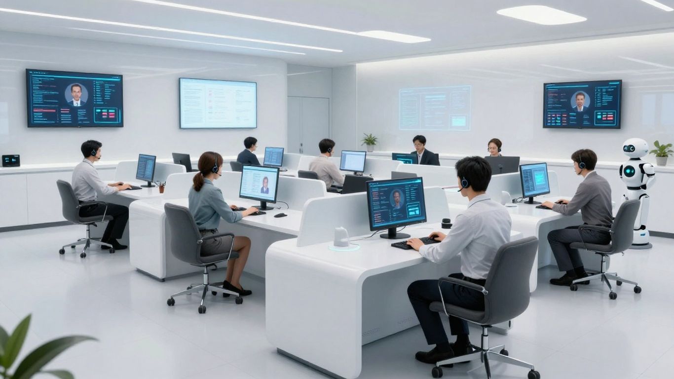 Futuristic customer support center with holographic interfaces and robots.