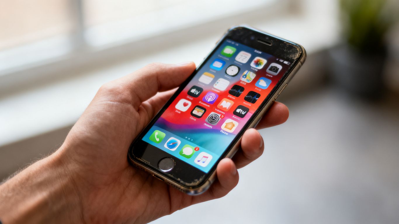Hånd der holder en brugt iPhone med skærmen tændt.