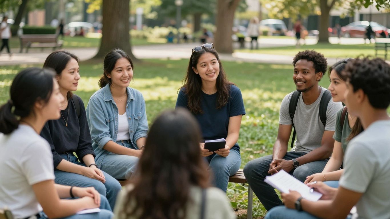 Grup de oameni relaxați discutând într-un parc însorit.
