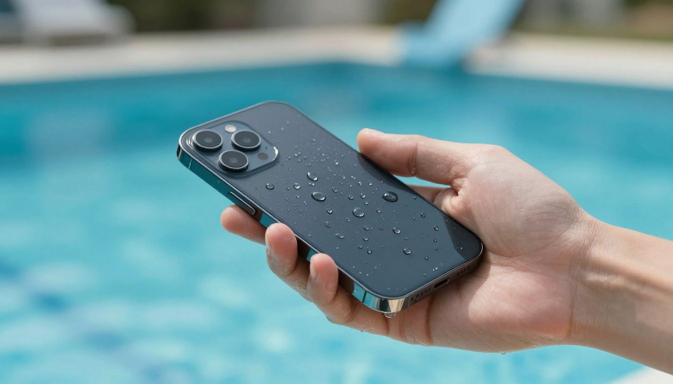 A person's hand holding an iPhone 17 near a swimming pool, with water droplets on the screen