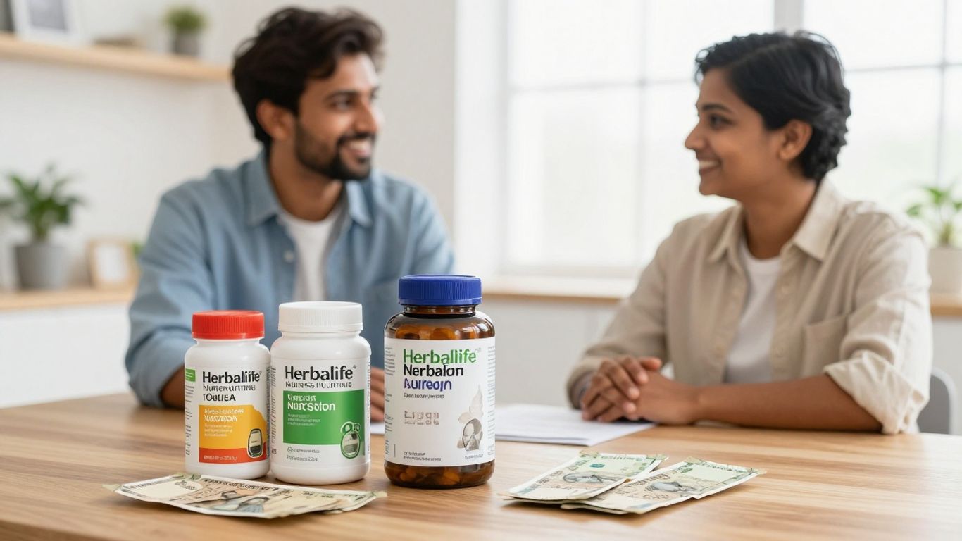 Herbalife products with Indian distributor and customer smiling