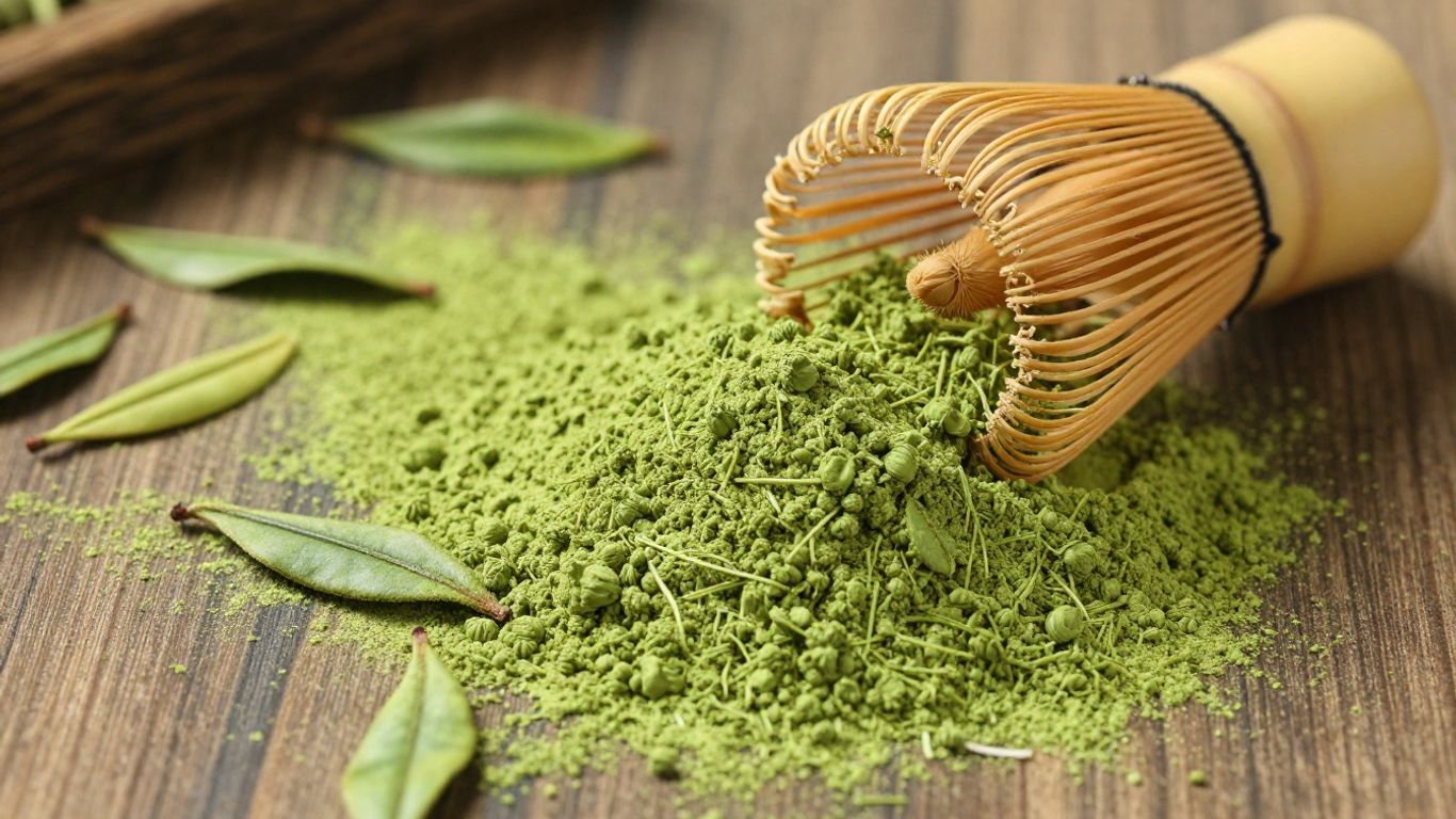 Vibrant green matcha powder with bamboo whisk and tea leaves.