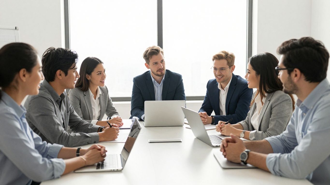 Team collaborating in a bright, modern office space.