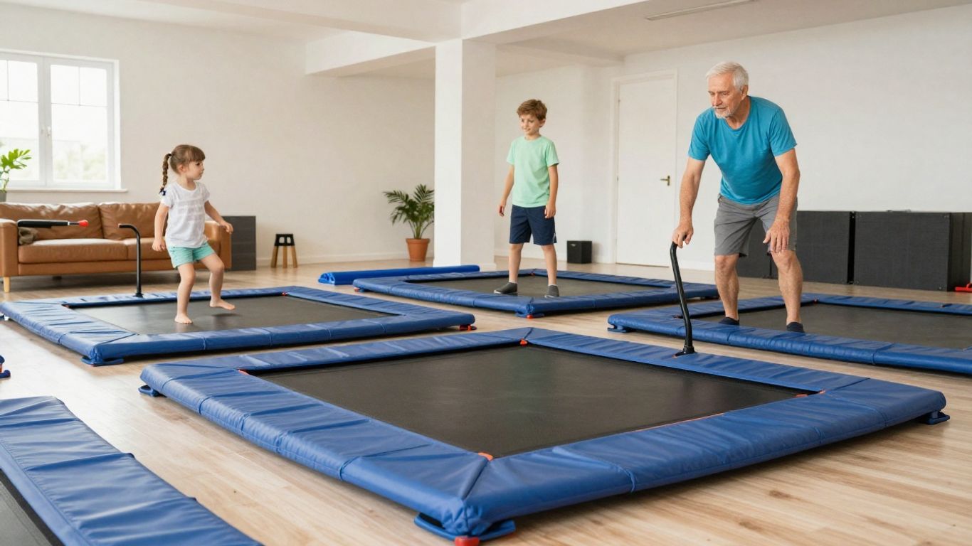 Children and adults jumping together in a home gym