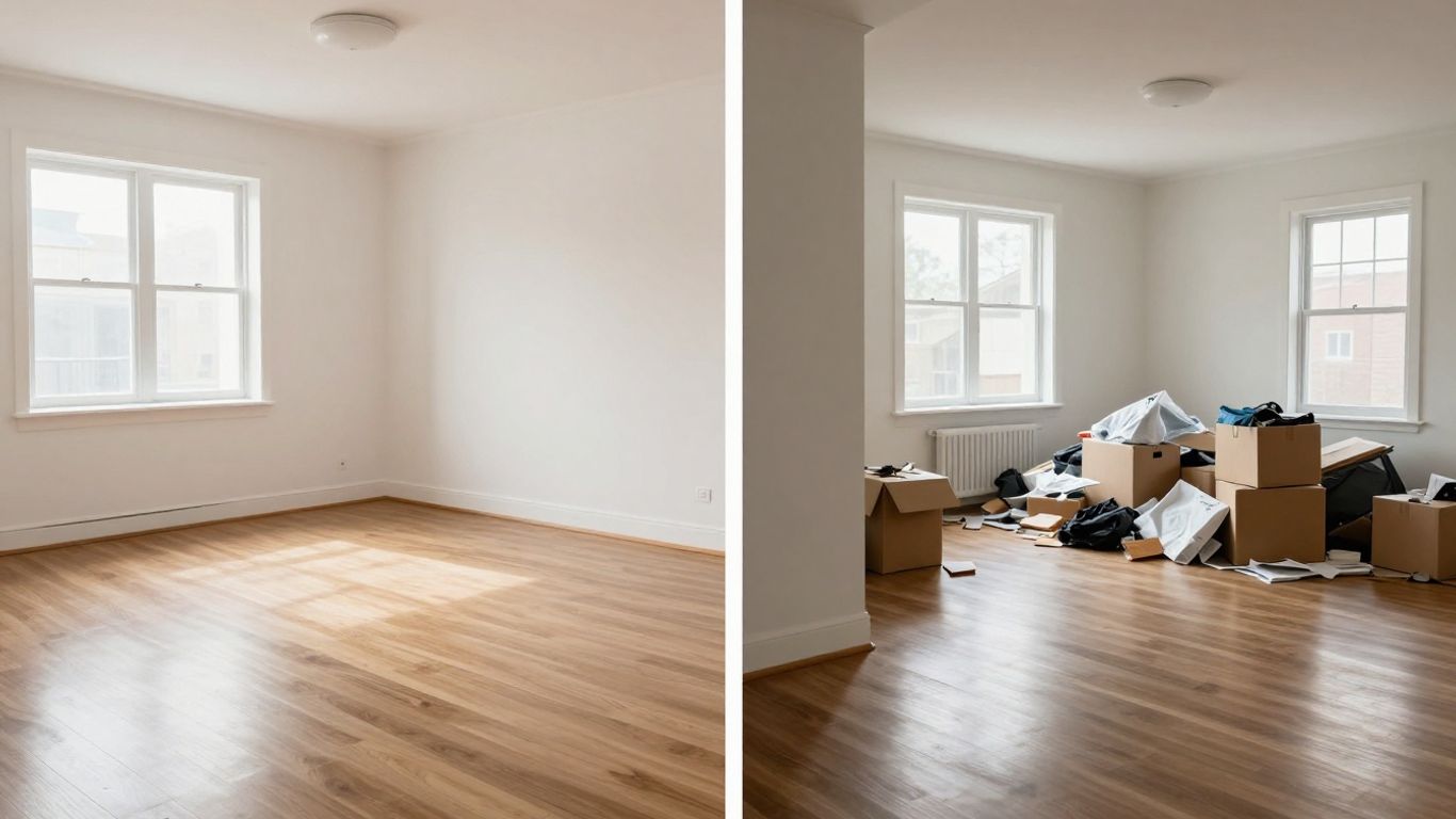 Clean empty house interior vs cluttered lived-in space.