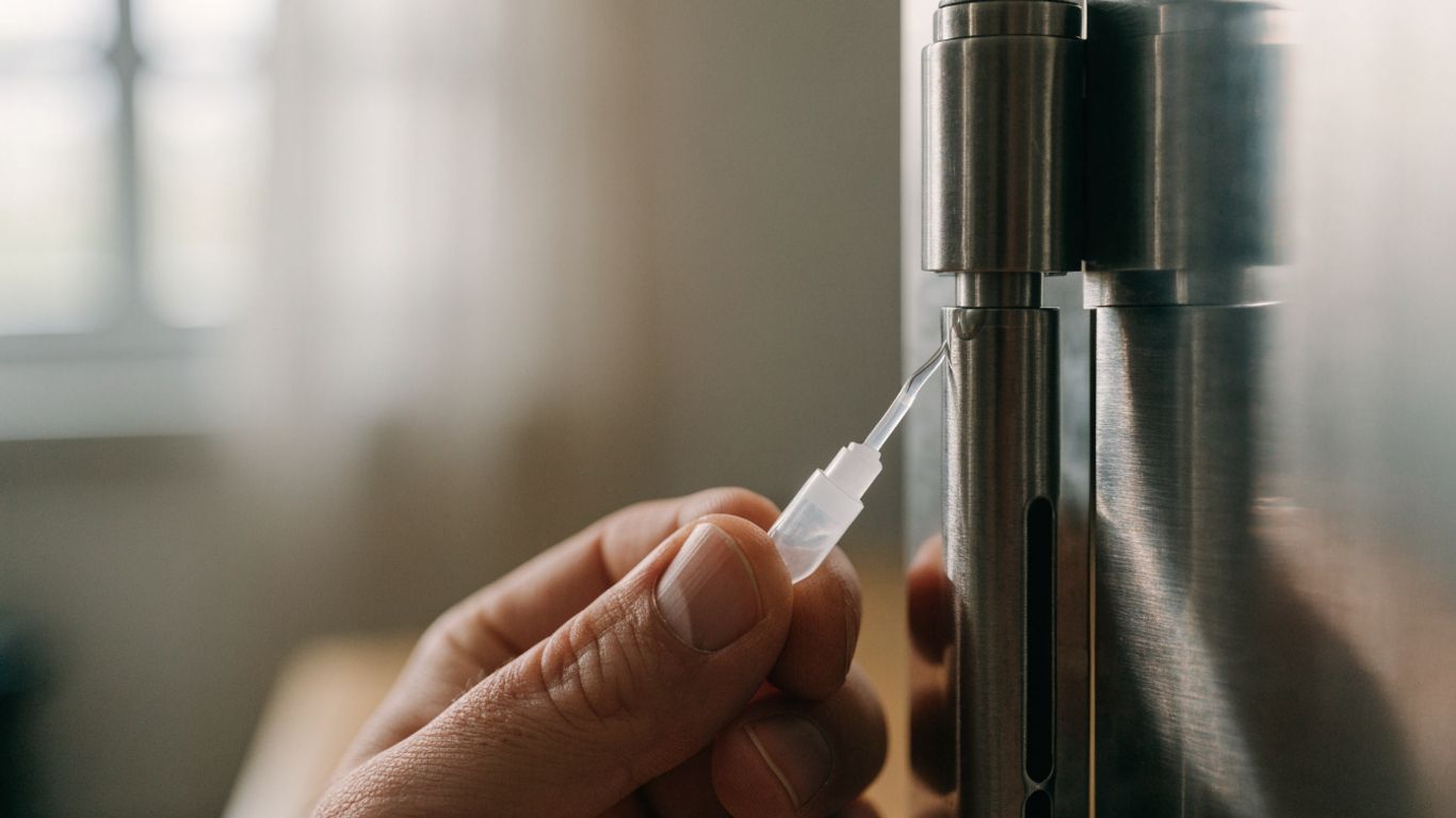 Close-up of silicone lubricant applied to a metal hinge