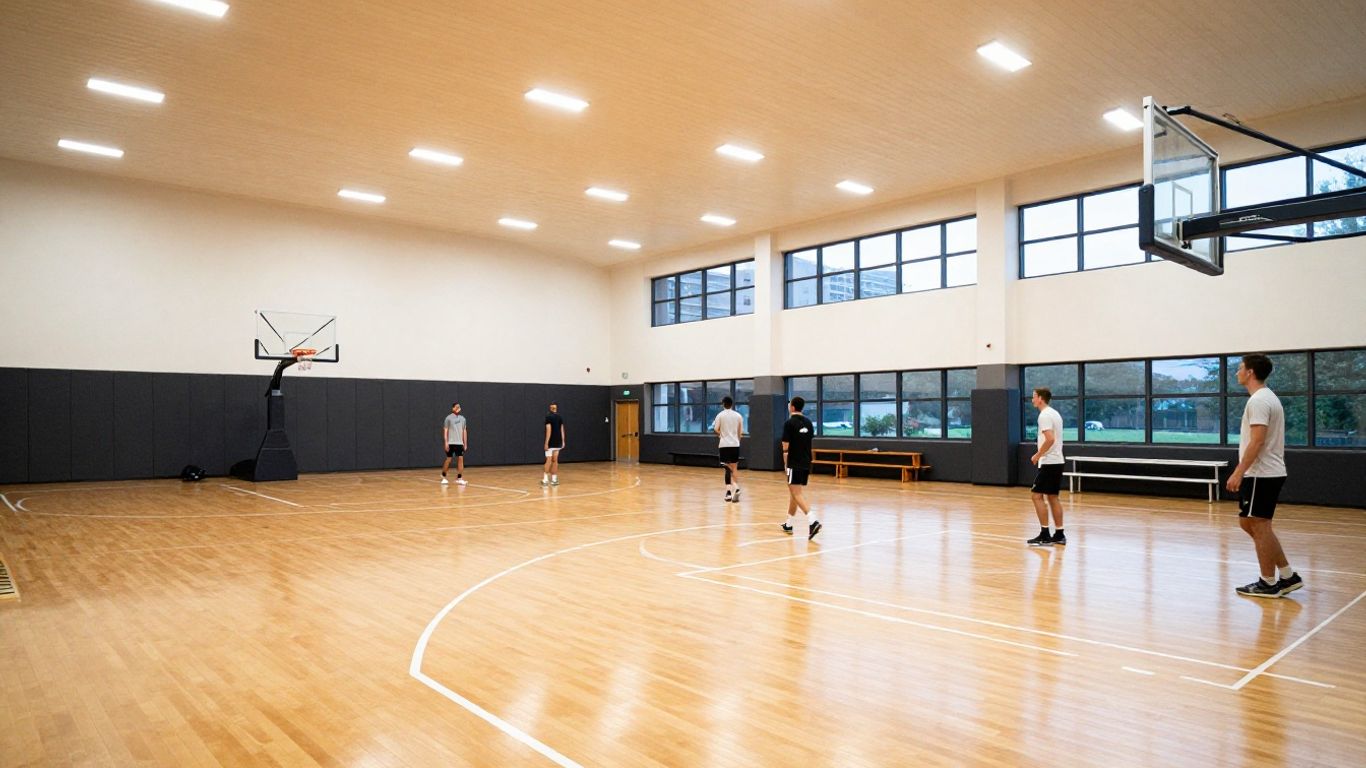 Indoor basketball court with players warming up