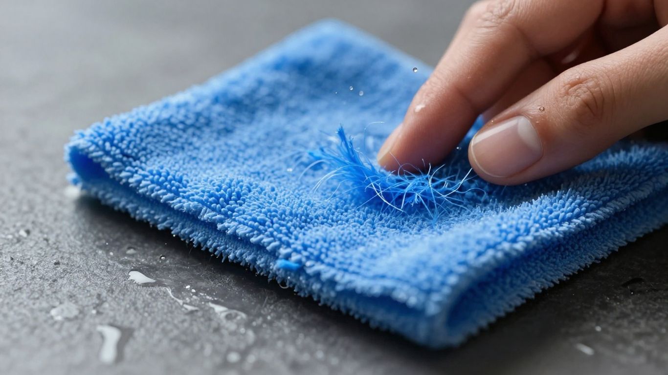 Microfiber cloth shedding fibers into water during cleaning.
