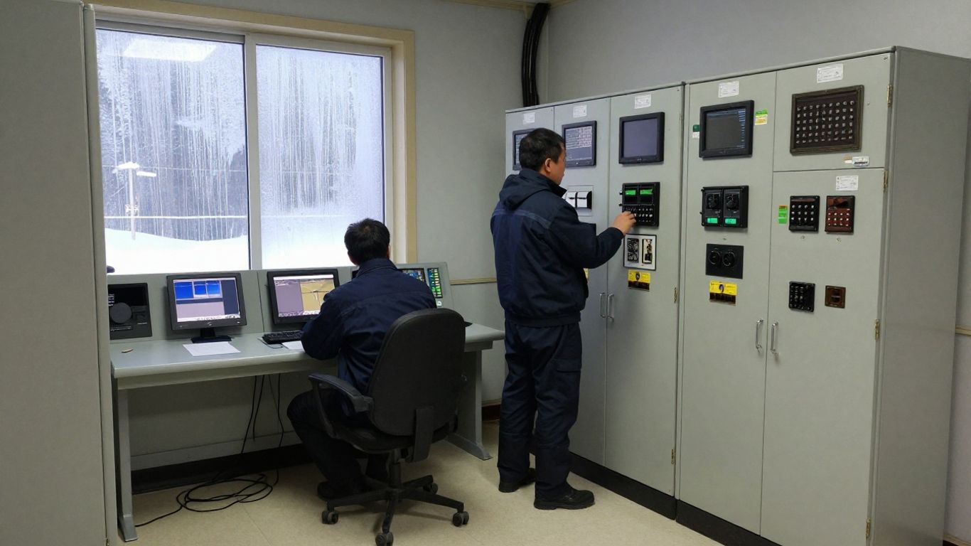 Operator monitoring microgrid equipment in a winter control room