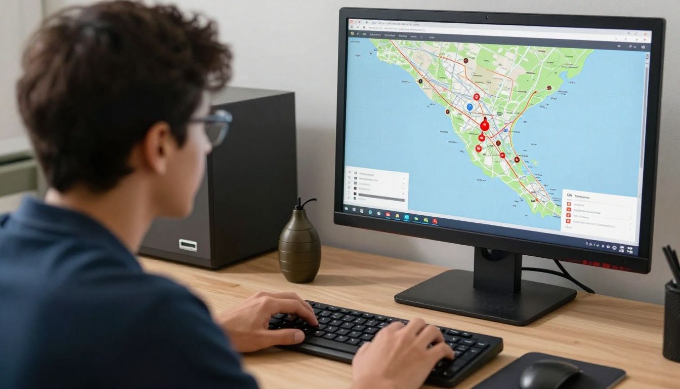 Um jogador focado visualizando táticas em uma tela de computador com ícones de granadas e mapas