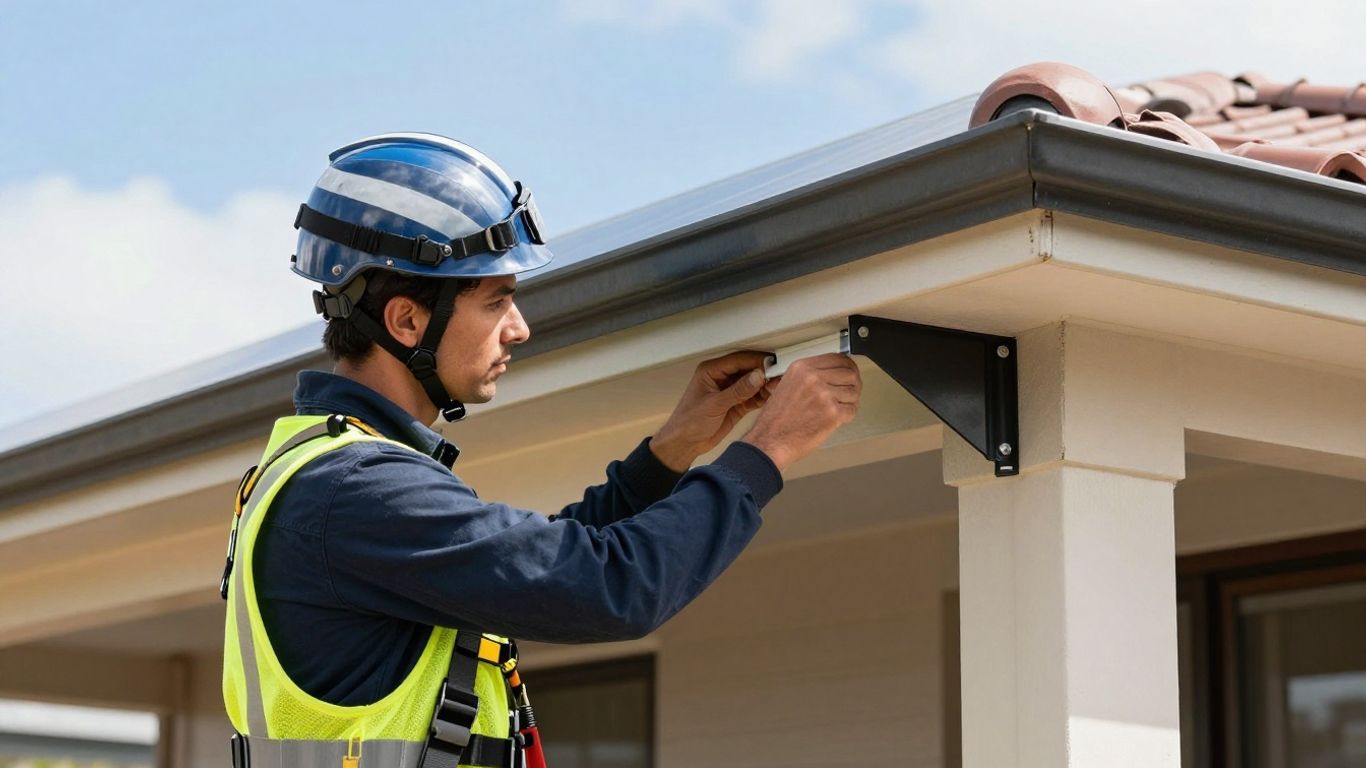 Installer inspecting solar fixings on an Australian tiled roof