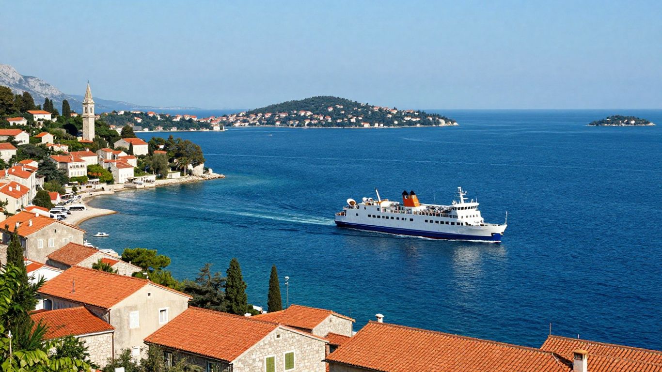 Ferry sailing across blue sea towards Dubrovnik.
