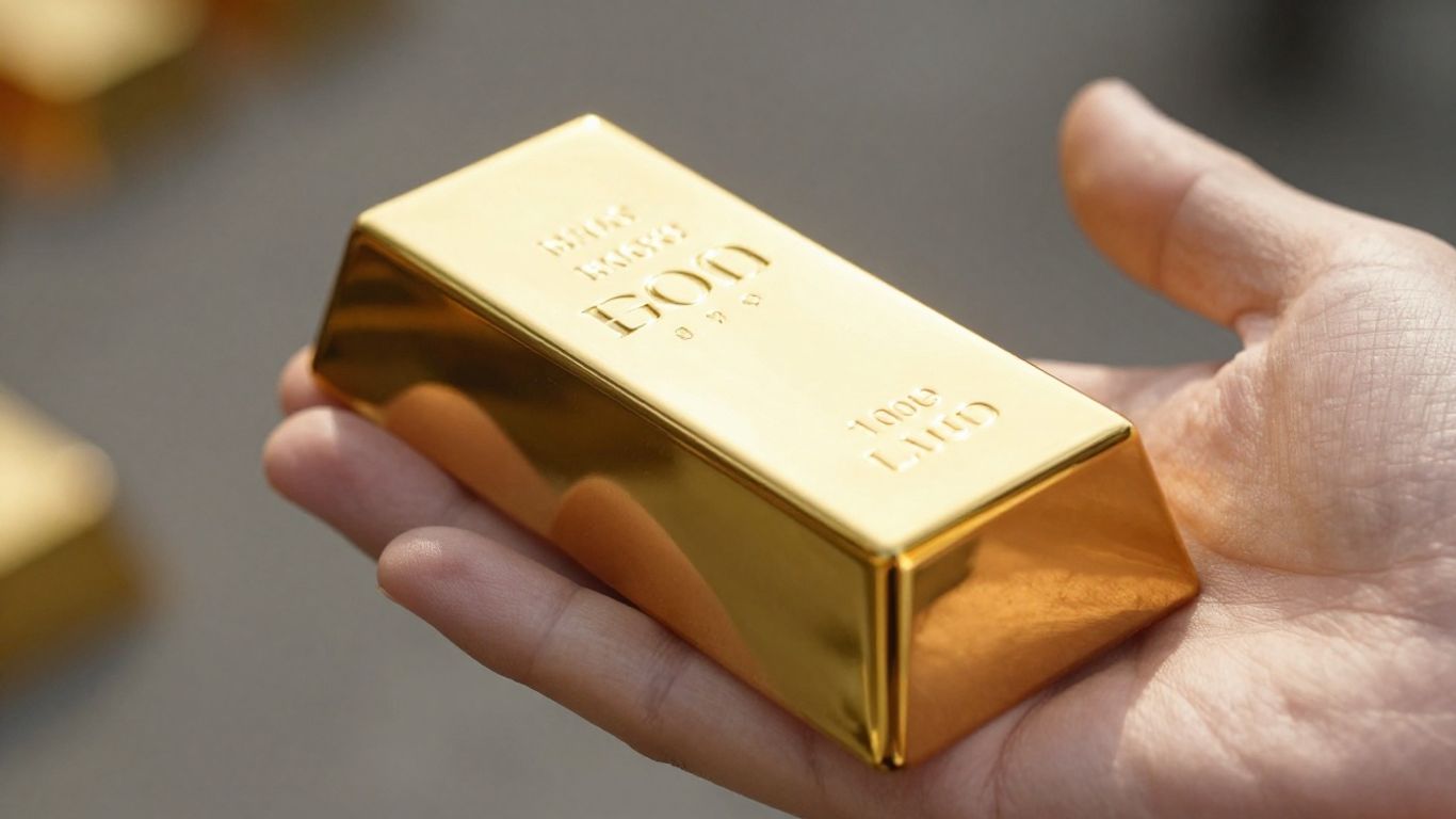 Golden hand holding a shiny gold bar.