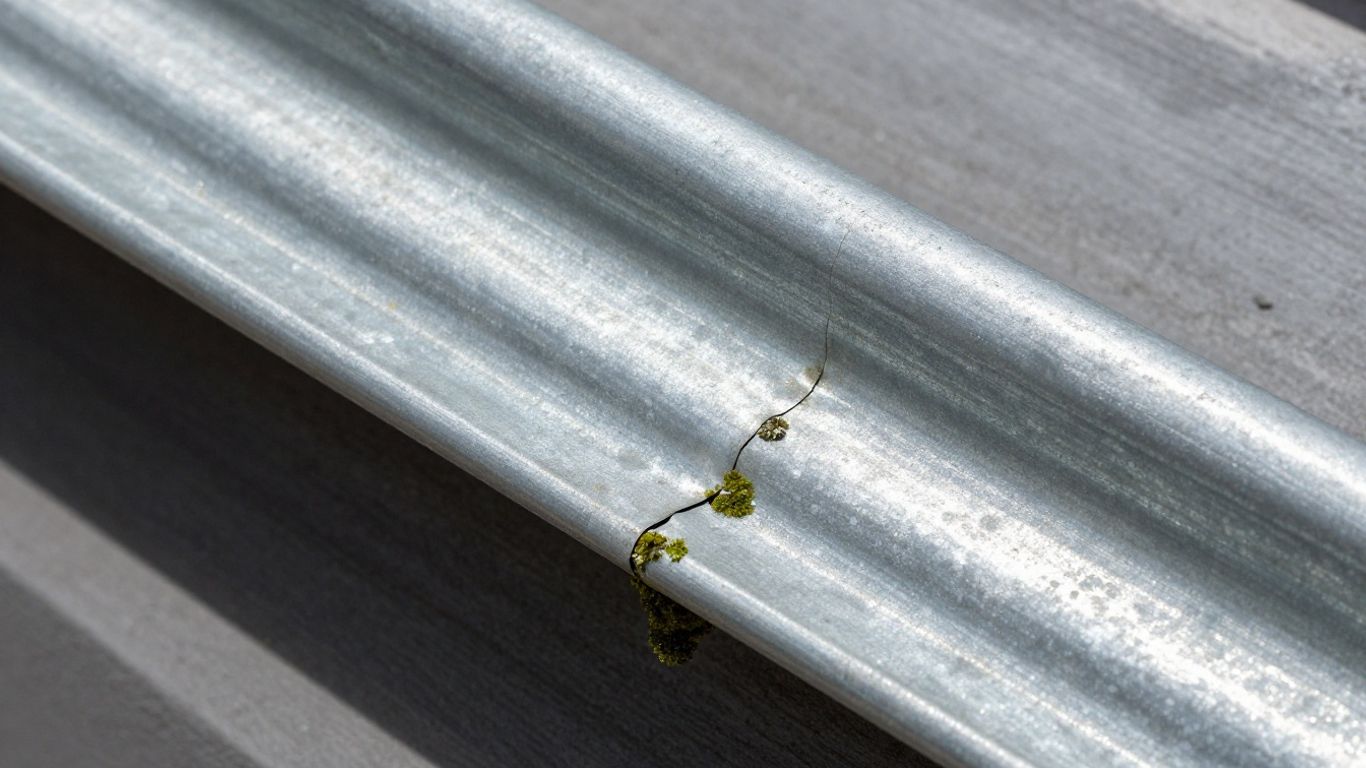 Zink tagrender i sollys med patina