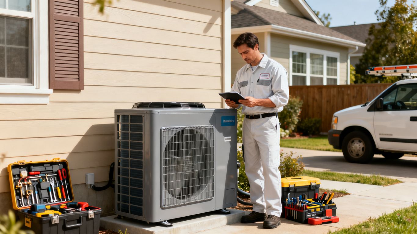Technician reviewing an HVAC service plan