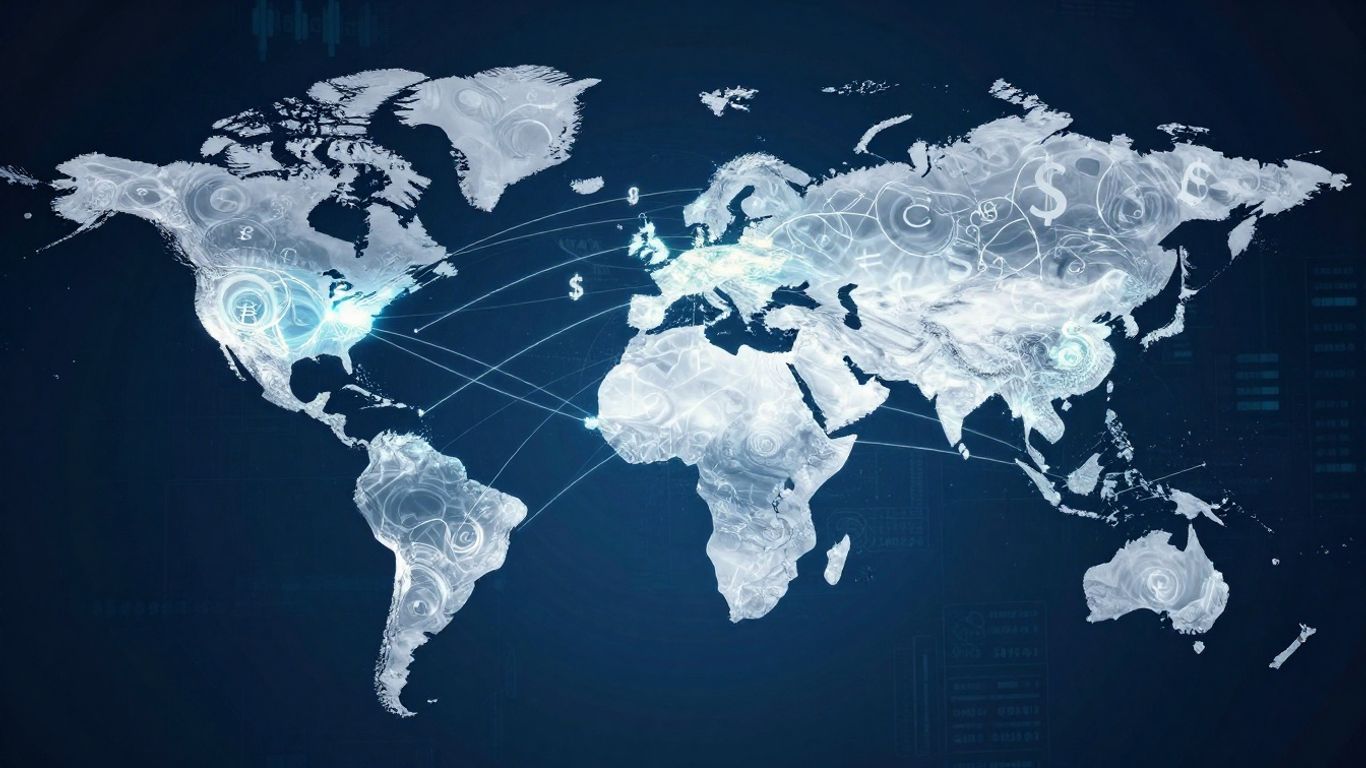 Global financial markets with currency symbols and world map.