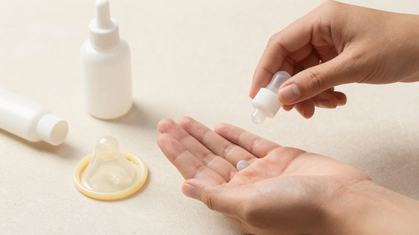 Hands checking lubricant compatibility with a condom