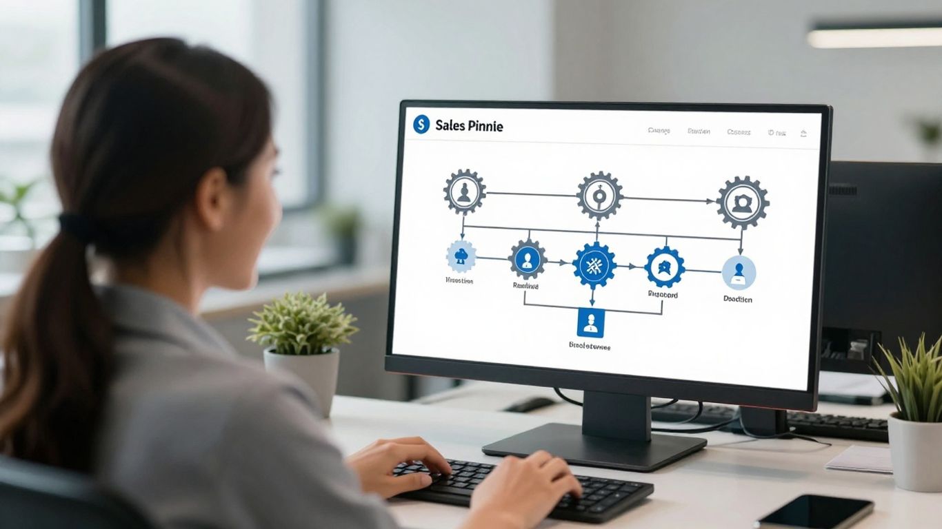 Small business owner with automated sales pipeline on laptop.