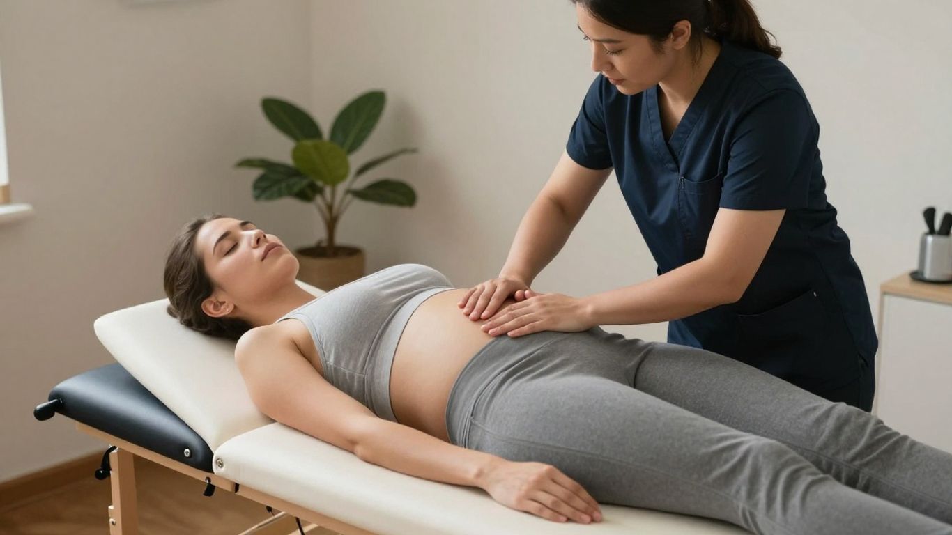 Pregnant woman receiving chiropractic back adjustment