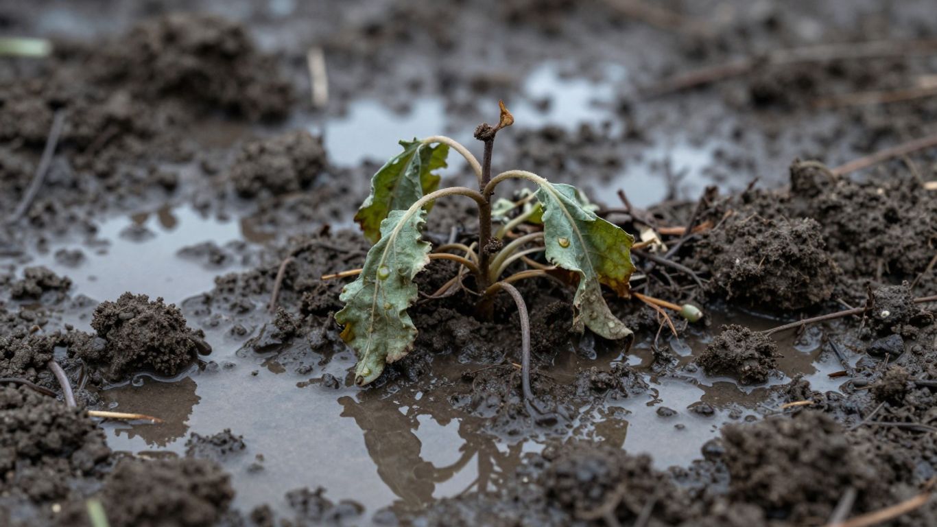 Staunässe im Boden mit welkender Pflanze