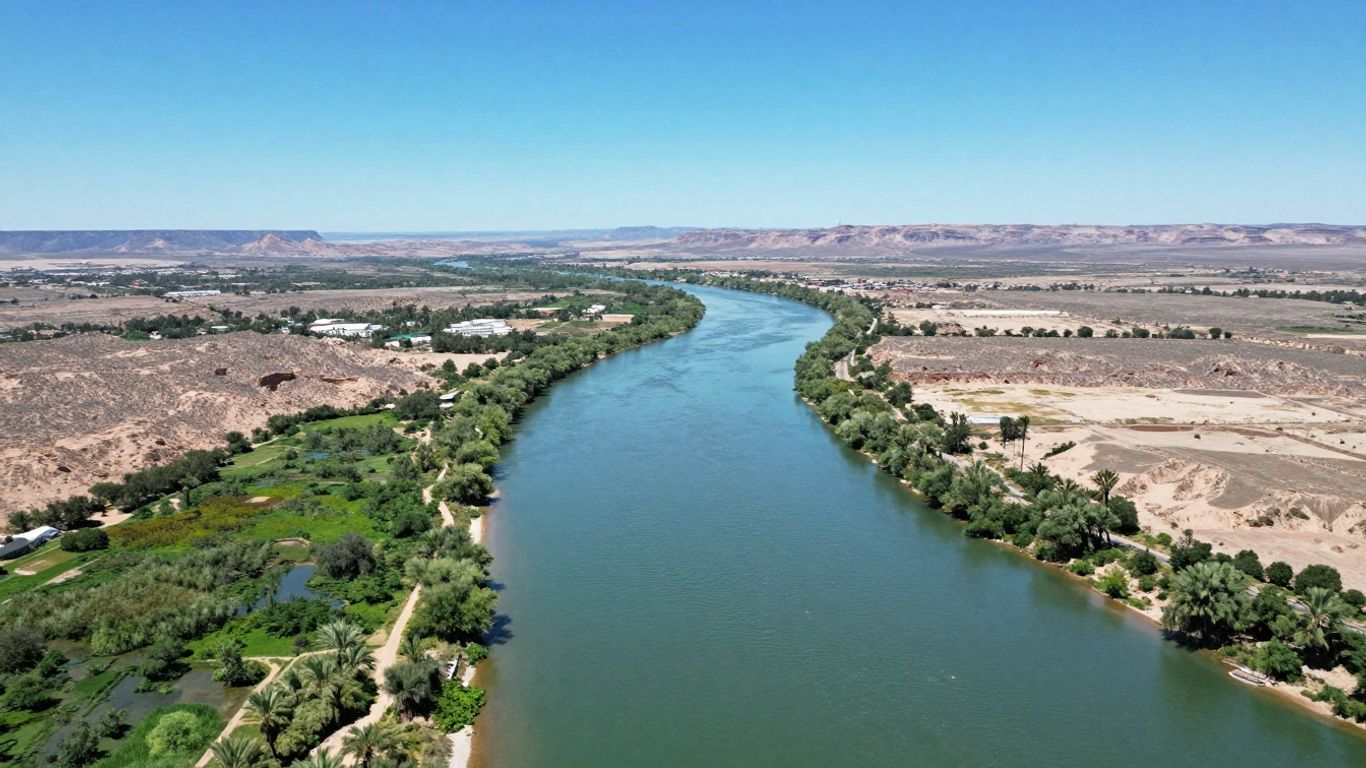 Arizona riverfront landscape with water and desert.