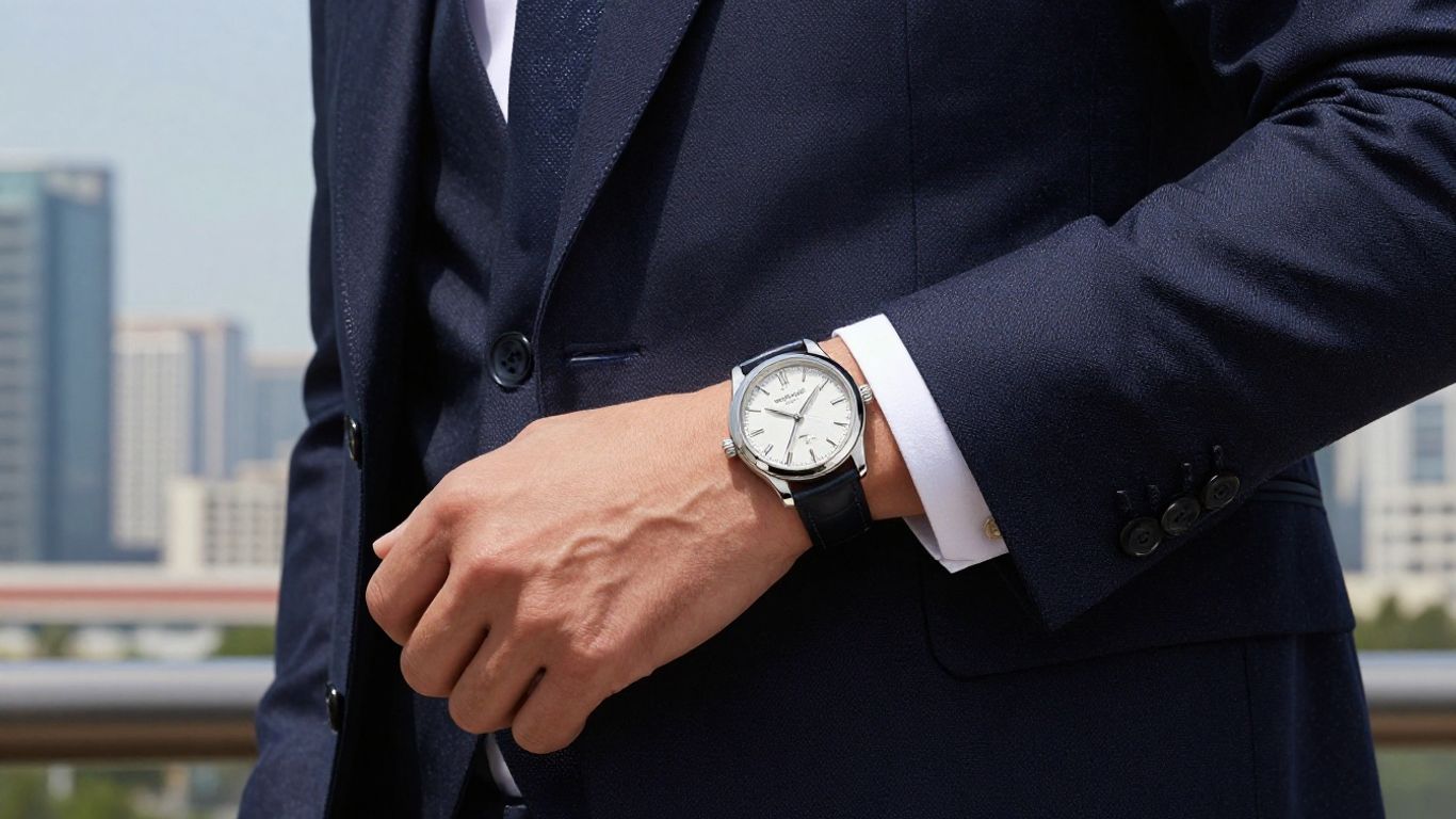 Man in suit displaying elegant classic wristwatch