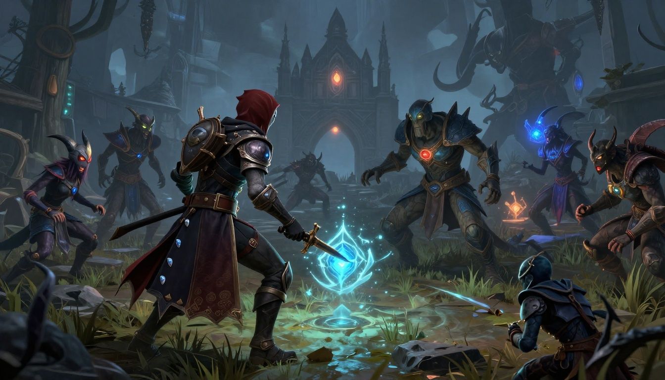 Personagem de Path of Exile enfrentando uma horda de inimigos em uma área sombria, com efeitos de habilidades, equipamentos e gemas representados visualmente