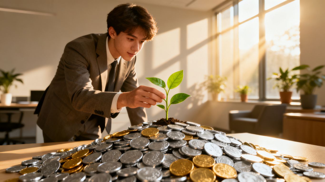 Startup founder nurturing a plant growing from coins.