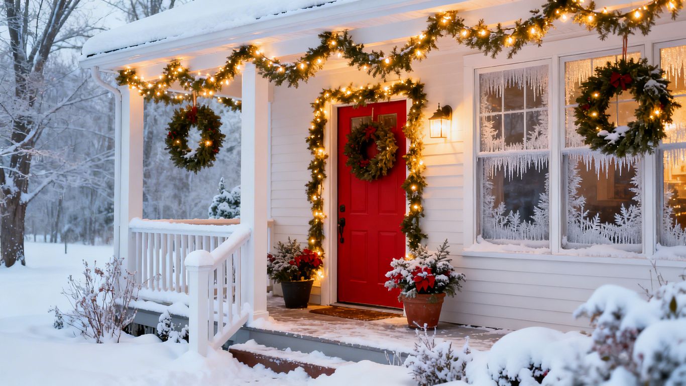 Winter curb appeal with decorated porch and red door.