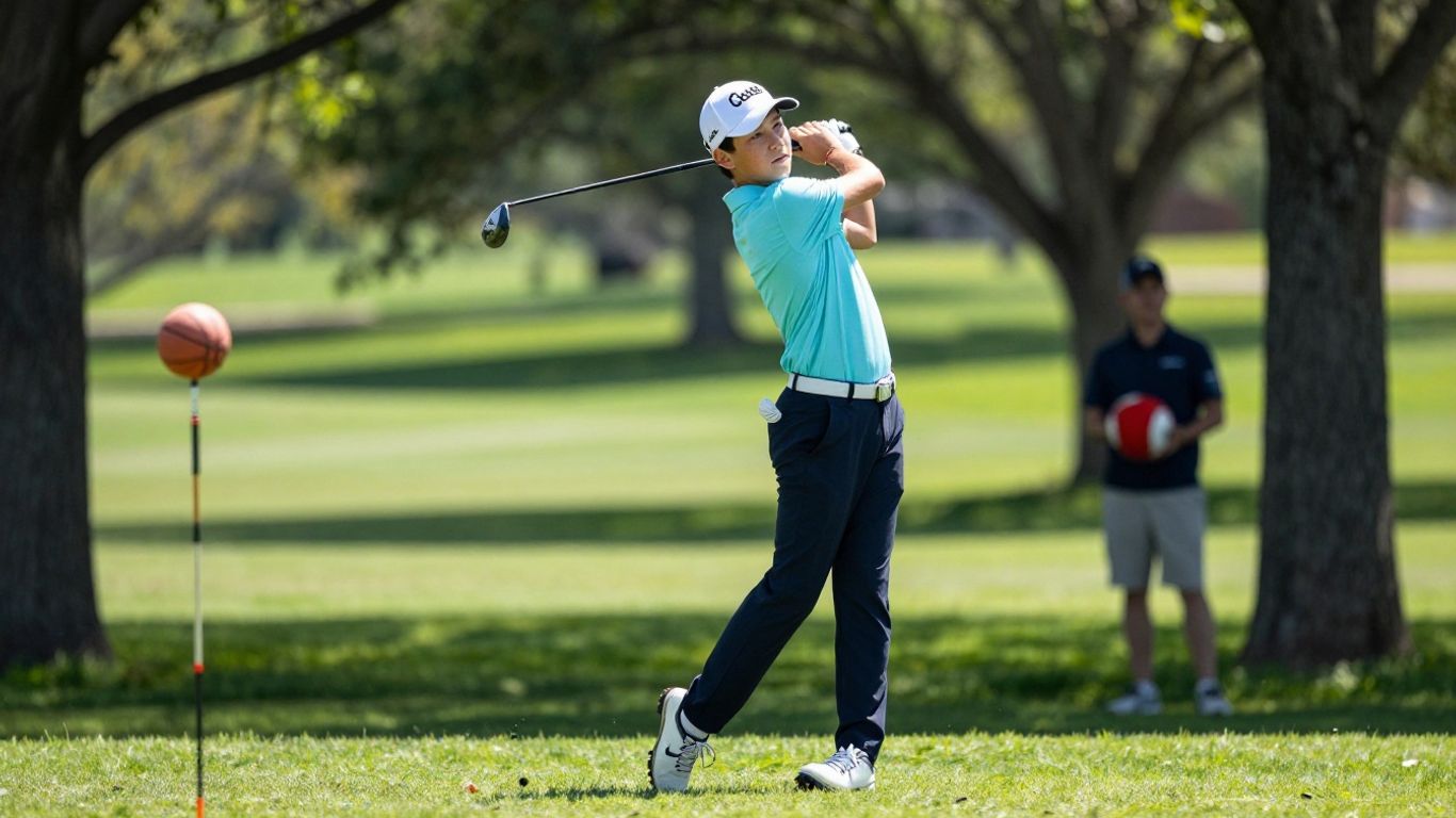 Young golfer on a sunny course, with other sports equipment blurred.