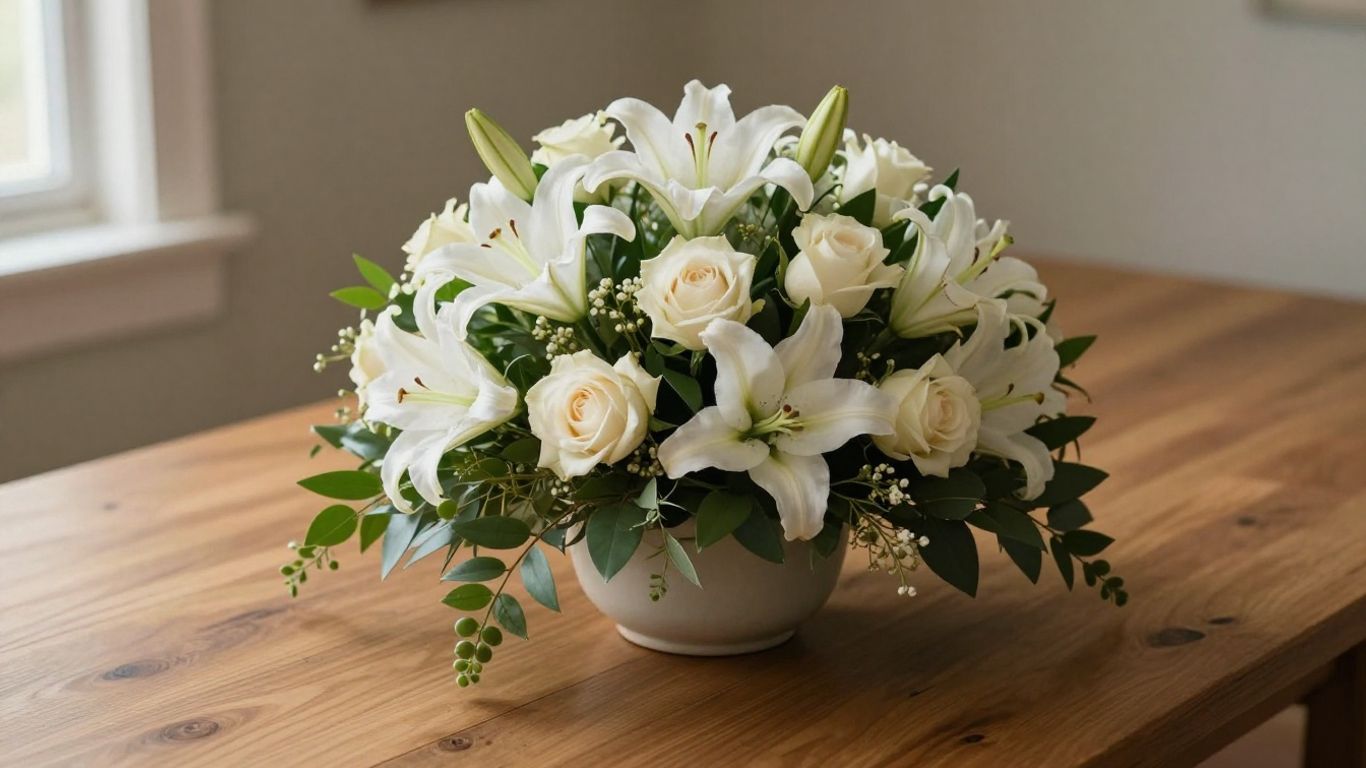 Soft white and pastel funeral flowers in a vase