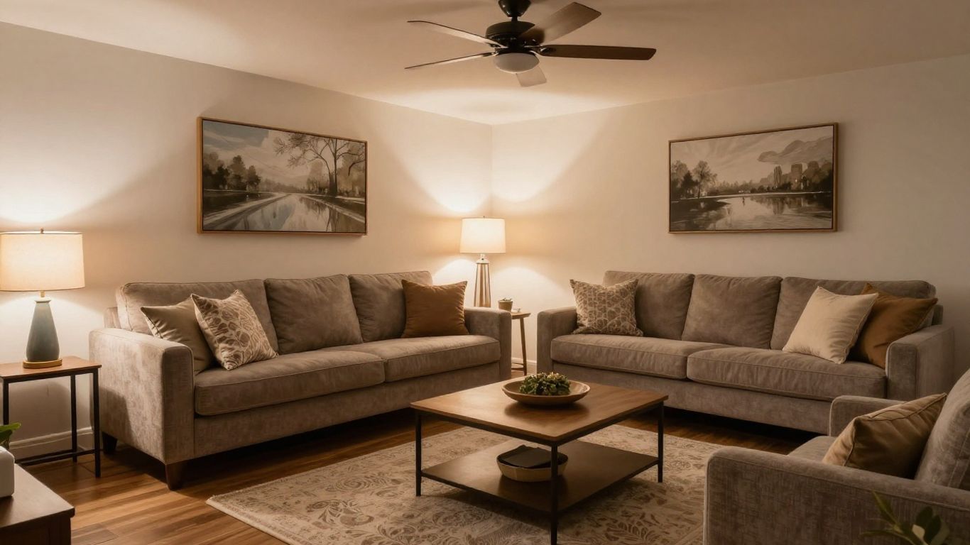 Remodeled basement living area with seating and warm lighting.