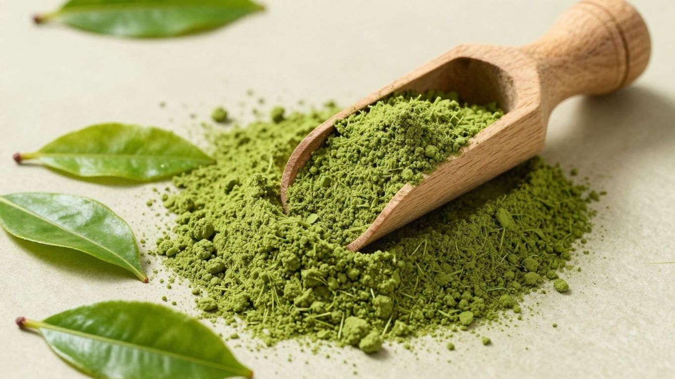 Bulk organic matcha green tea powder in a scoop.