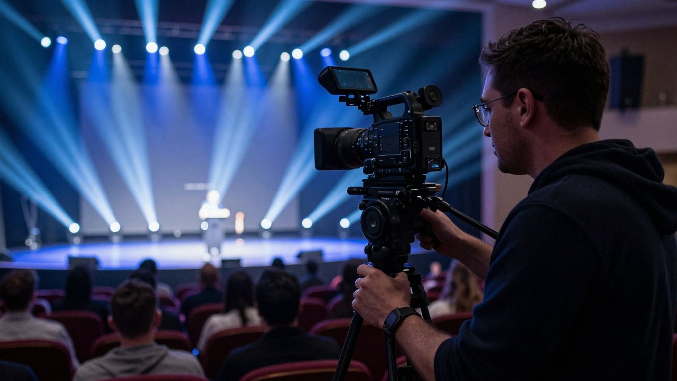 Professional videographer capturing an indoor conference setup