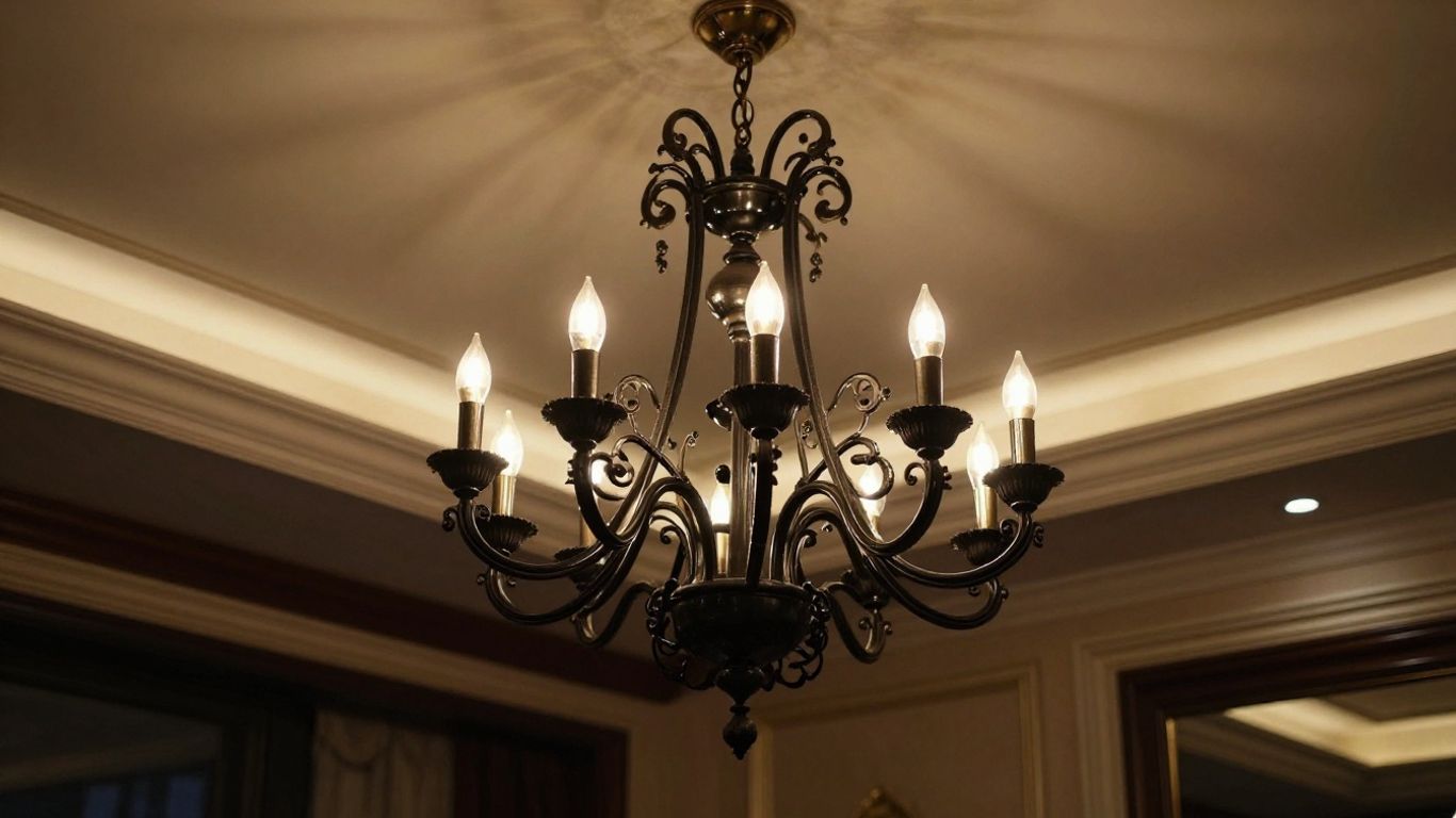 Elegant black chandelier light fixture in a luxurious room.