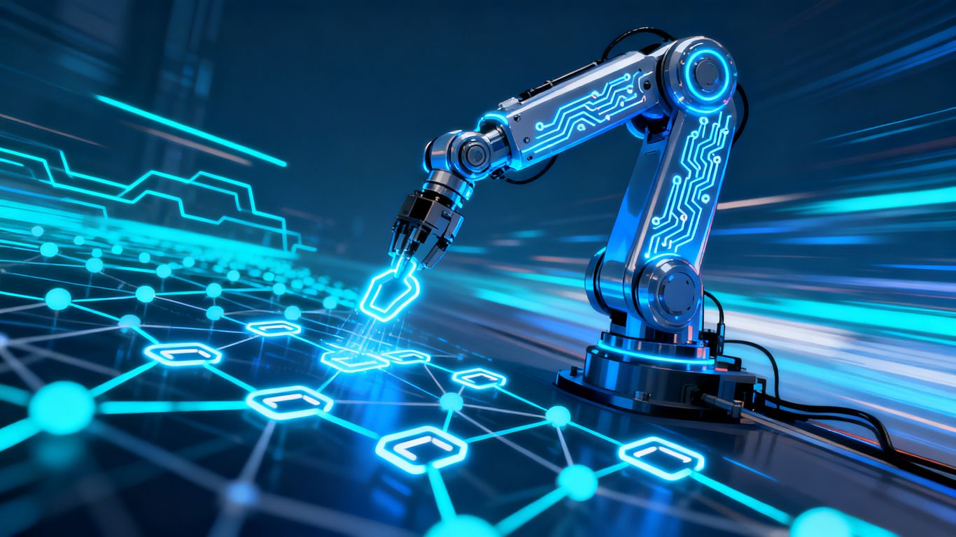 Robot arm automating digital links with glowing network background.