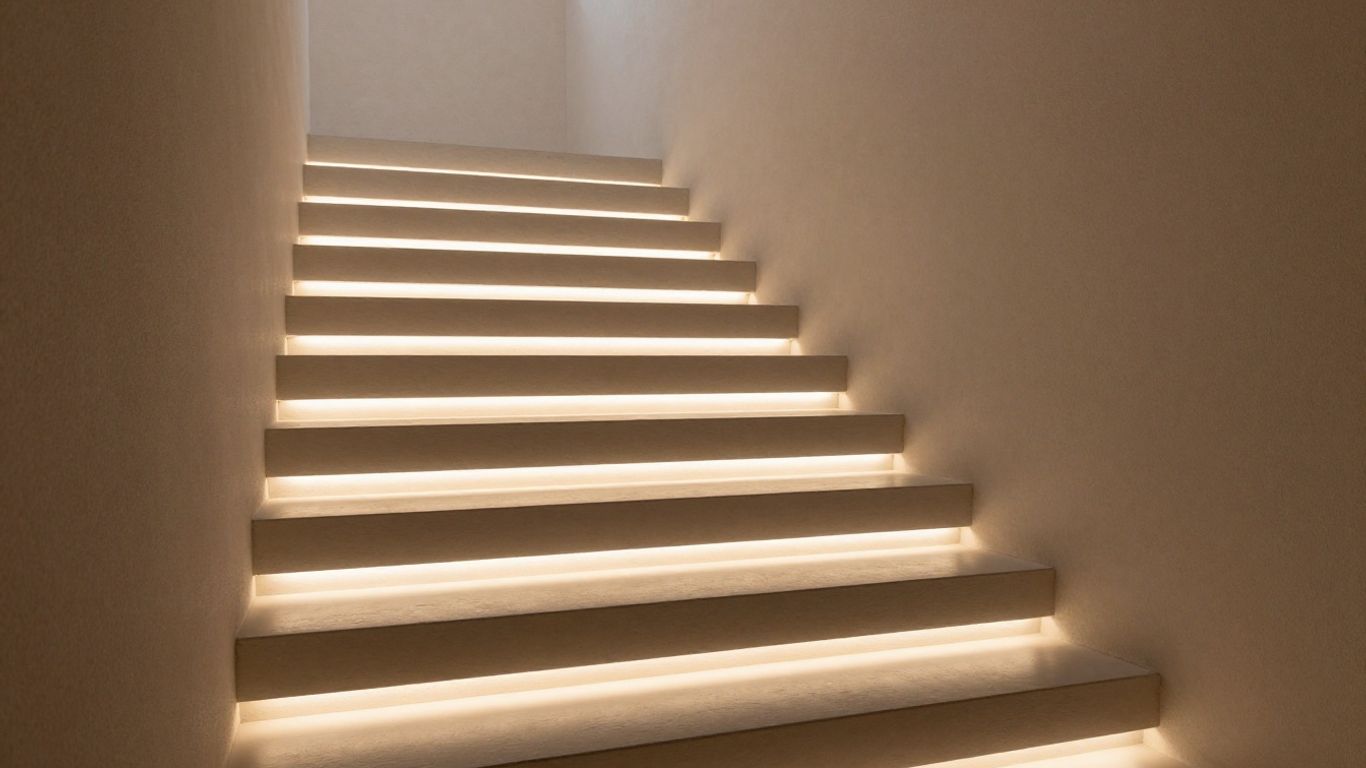 Modern stairs with integrated LED lighting and textured wall.