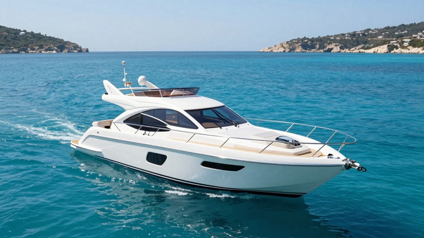 Sleek small yacht on calm turquoise water.