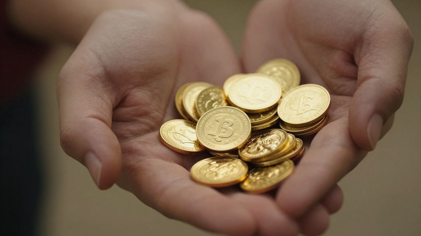 Main d'une personne tenant des pièces d'or et des bijoux.